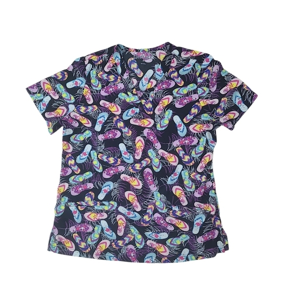 The UA Flex2 Flip Flops Black V-Neck Print Scrub Top Size Medium - Picture 1 of 6